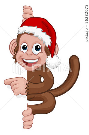 Christmas Monkey Cartoon Character in Santa Hatのイラスト素材 [56282075] - PIXTA