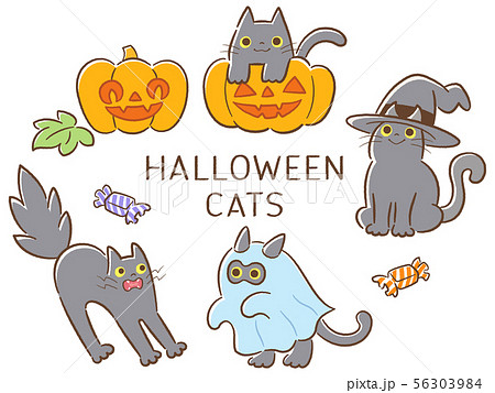 黒猫のハロウィン手描き風イラストセットのイラスト素材