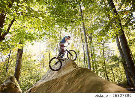 Male cyclist on trial bicycle on the top of boulder outdoors 56307896