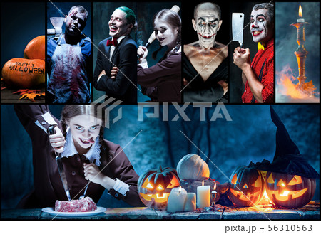 Mystical characters in nightly creative collage. Concept of horror, Halloween time. Mystical characters in nightly creative collage. Concept of horror, Halloween time. 56310563