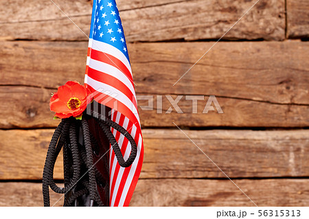 Black shoe with american flag and red poppy. Black shoe with american flag and red poppy. 56315313