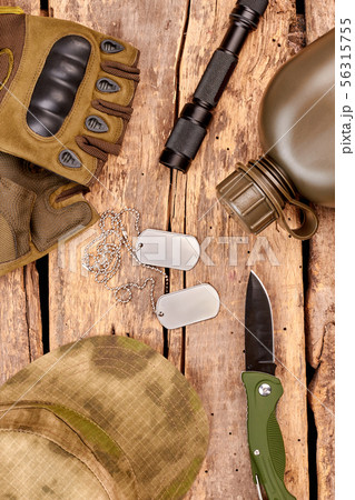 Mililtary essentials for war flat lay. 56315755