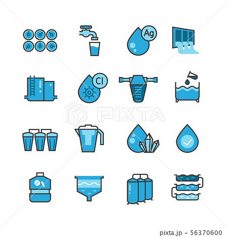 Dirty effluent water treatment plant and water filter for sewage sludge vector icons set 56370600