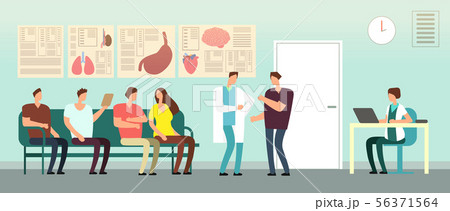 Patients and doctor in hospital waiting room. Disabled people at doctors office. Healthcare vector Patients and doctor in hospital waiting room. Disabled people at doctors office. Healthcare vector 56371564