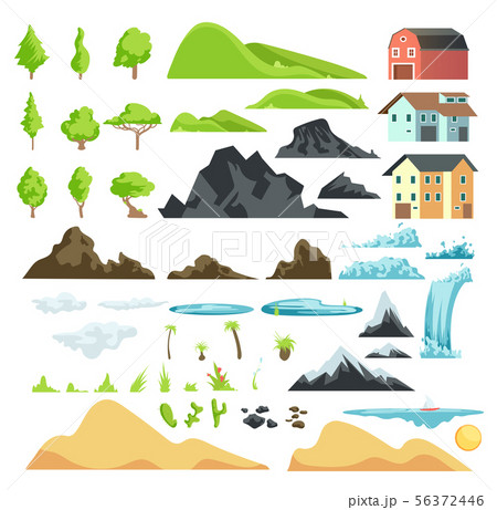 Cartoon landscape vector elements with mountains, hills, tropical trees and buildings 56372446