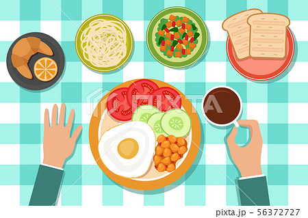 Breakfast eating food on plates and man hand on table. Top view vector illustration Breakfast eating food on plates and man hand on table. Top view vector illustration 56372727