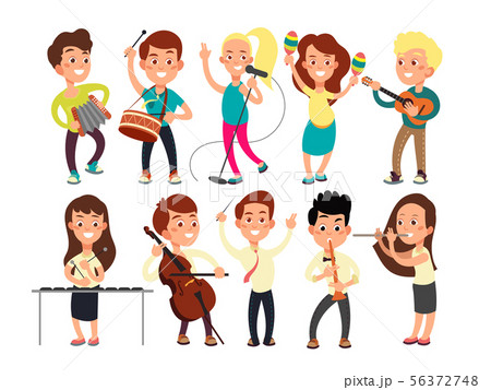 Schoolkids playing music on stage. Children musicians performing music show Schoolkids playing music on stage. Children musicians performing music show 56372748