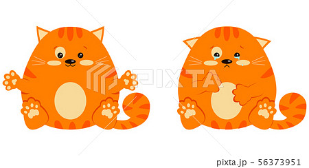 Set of glad smiling and sad crying with tears sweet and cute fat red little ginger striped cat in 56373951