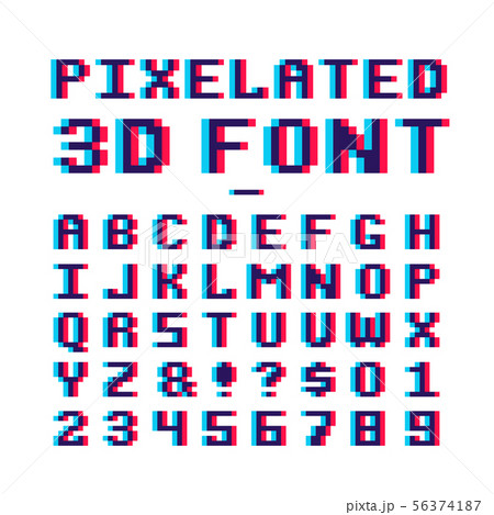 Video game pixelated 3d font. 8 bit pixel art old school latin alphabet with anaglyph distortion 56374187