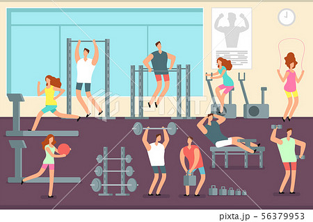 Woman and man doing various sports exercises in gym. Fitness indoor workout vector concept 56379953