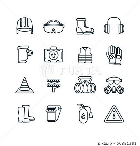 Safety work equipment and protective clothing line vector icons 56381381
