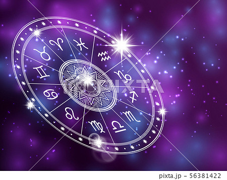 Horoscope circle on shiny backgroung - space backdrop with white astrology circle 56381422