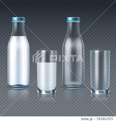 Realistic glass bottles and glasses with milk vector templates isolated Realistic glass bottles and glasses with milk vector templates isolated 56381435