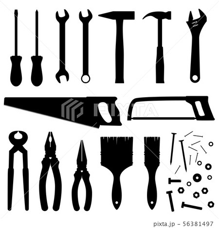 Hand industrial and building tools vector silhouettes. Handyman toolkit Hand industrial and building tools vector silhouettes. Handyman toolkit 56381497
