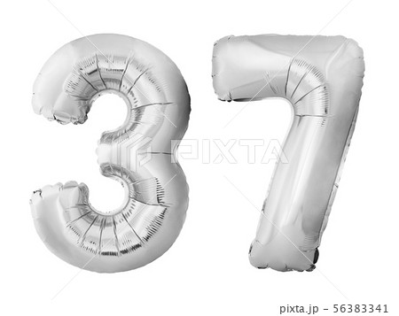 Number 37 thirty seven made of silver inflatable balloons isolated on white background. Pink helium 56383341