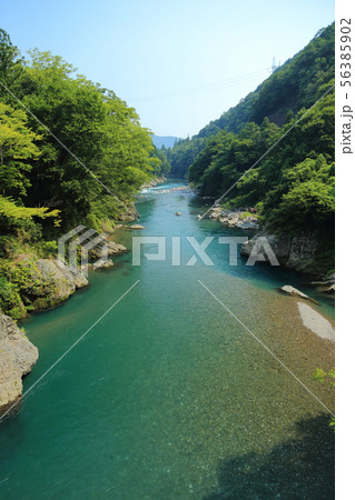 樽見鉄道 樽見線 ・ 鍋原駅  近くの金山橋からの「根尾川と奥に橋梁」   【 岐阜県本巣市】 56385902