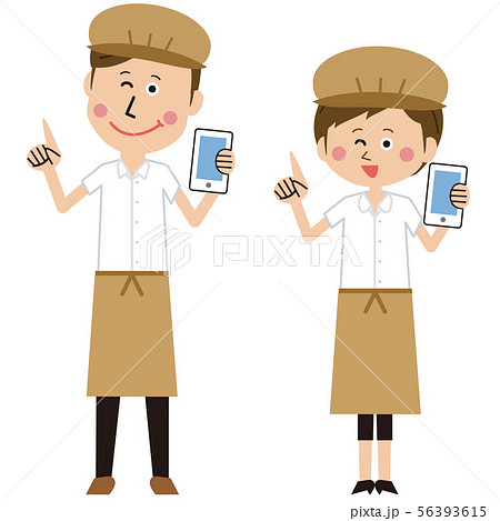 ポップなカフェ店員またはパン屋の男女ペア携帯電話と指差しのイラスト素材