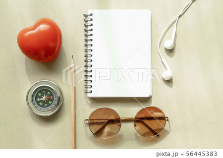 Blank page of opened white notebook with compass, Blank page of opened white notebook with compass, 56445383