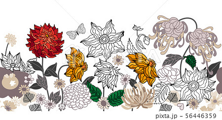 Vintage border with blooming dahlias and asters.  56446359
