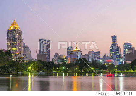 View of lake in Lumpini park with high building of 56451241