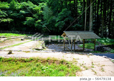 山口・萩・大板山たたら製鉄遺跡・砂鉄洗い場と東屋を展望台のスロープから見下ろす（１） 56479138