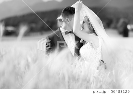 Groom hugs bride tenderly while wind blows her veil in wheat field somewhere in Slovenian 56483129