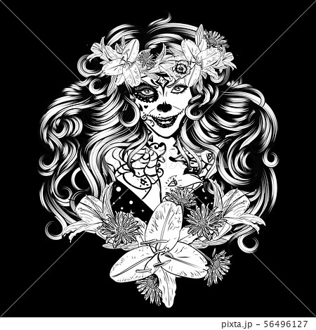Sugar skull witch woman in flower crown portrait 56496127