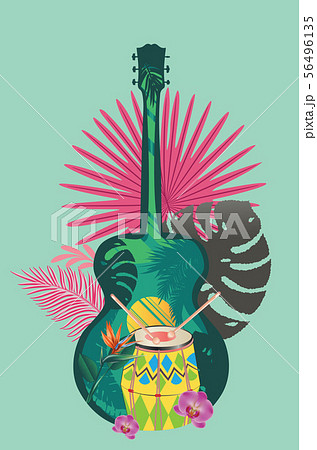 Retro guitar with drum and tropical leaves Retro guitar with drum and tropical leaves 56496135