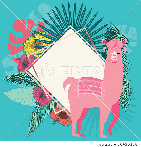 Llama With Exotic Leaves And Flowersのイラスト素材
