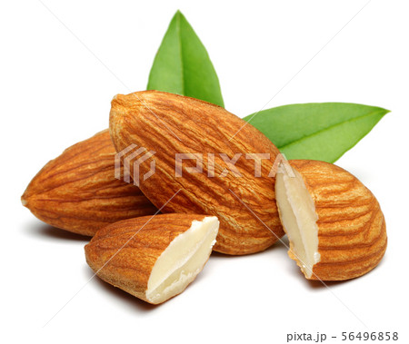 Group of almonds with leaves isolated on white 56496858