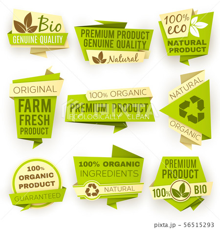 Ecology green origami paper banners. Eco natural organic product sale tags and badges vector set 56515293
