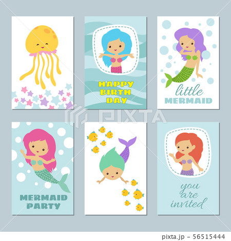 Pretty baby mermaids birthday greeting card vector templates 56515444