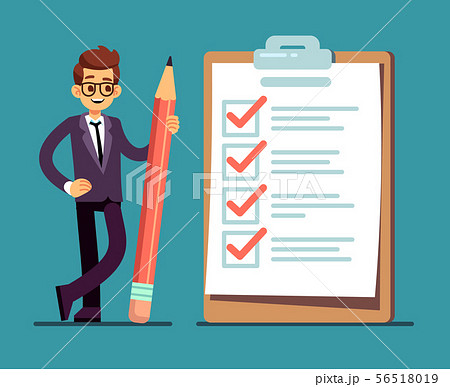 Businessman holding pencil at big complete checklist with tick marks. Business organization and 56518019