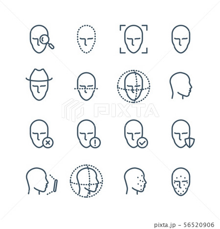 Face recognition line icons. Faces biometrics detection, facial scanning and unlock system vector 56520906