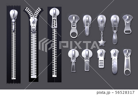 Metal and plastic fasteners, zippers. Garment components and handbag accessories vector set 56528317