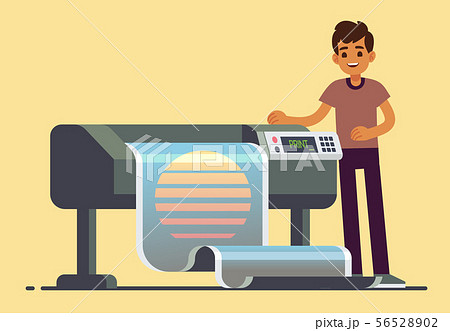 Man worker at plotter printing wide format large banner vector illustration Man worker at plotter printing wide format large banner vector illustration 56528902