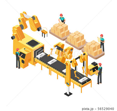 Isometric electronic factory with conveyor assembly line, operators and robots. 3d vector 56529040