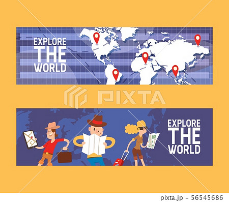 Explore world set of banners vector illustration. Globe with locations. Vacation and tourism Explore world set of banners vector illustration. Globe with locations. Vacation and tourism 56545686