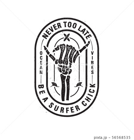 Vintage surf logo print design with skeleton bones hand for t-shirt. Never too late be a surfer 56568535