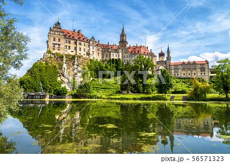 Sigmaringen Castle rising above Danube river, 56571323