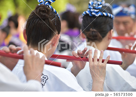 本場徳島阿波踊り 鳴り物 篠笛を吹く女性の後姿の写真素材 [56573500 