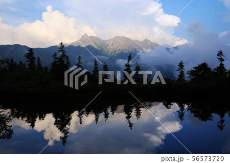 北アルプス笠ヶ岳への道　小池新道　鏡平の風景　鏡池と夕映えの槍ヶ岳 56573720