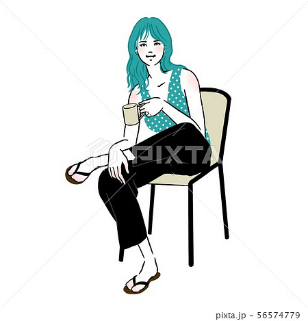 椅子に座ってコーヒーを飲む若い女性のイラスト素材
