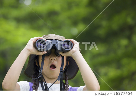 バードウォッチングをする小学生女の子 バードウォッチングをする小学生女の子 56577454