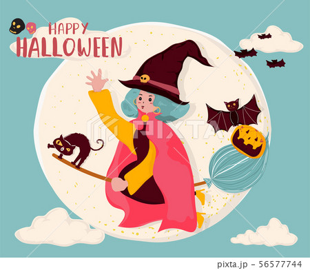 cute flat vector a witch ride a magic bloom, cute flat vector a witch ride a magic bloom, 56577744