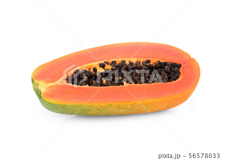half cut of ripe papaya with seeds isolated on 56578033