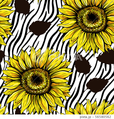 Sunflowers field seamless vector pattern for fabric textile design. Flat colors, easy to print. 56580562
