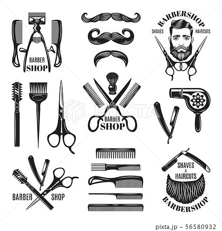 Illustrations set of different barber shop tools. Symbols for badges and labels 56580932