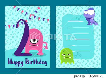 Vector happy birthday cards with cute monsters, garlands and age number on hand drawn stars Vector happy birthday cards with cute monsters, garlands and age number on hand drawn stars 56580976