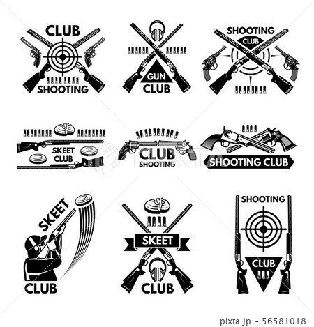 Labels set for shooting club. Illustrations of weapons, bullets, clay and guns 56581018